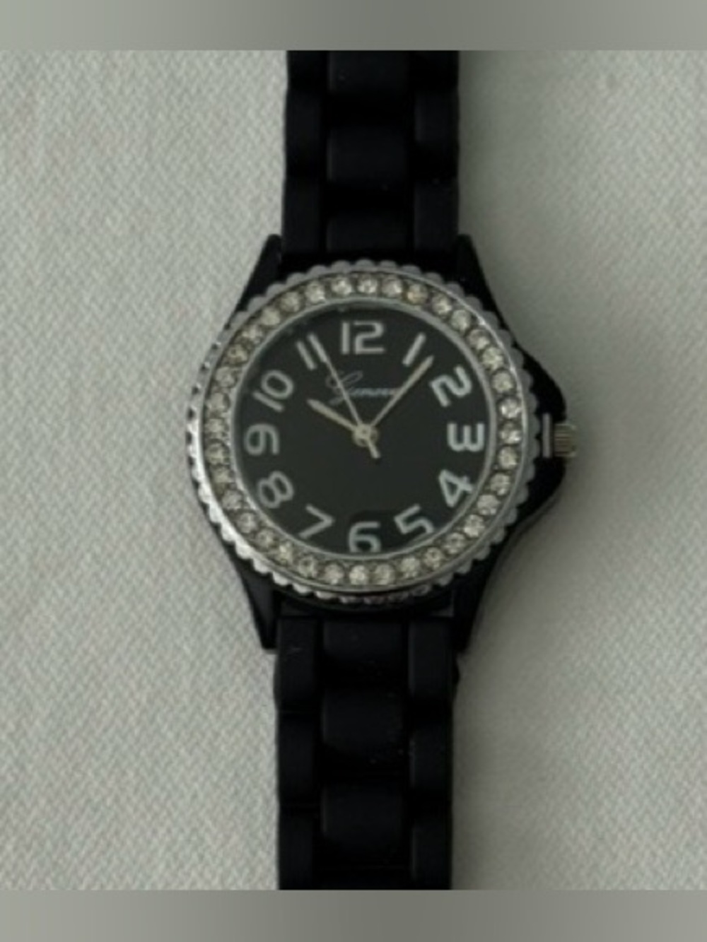 Geneva Round Crystal Bezel Silicone Strap Watch